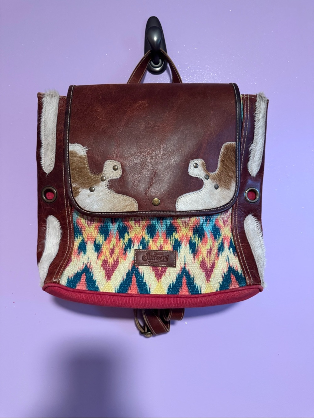 Brown Leather Backpack with Multicolor Woven Front - Women
